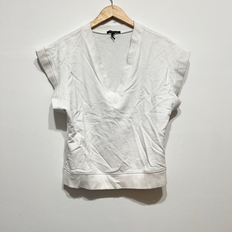 Marissa Webb Cotton Terry Lined V Neck Short Sleeve Pullover Sweater Top White