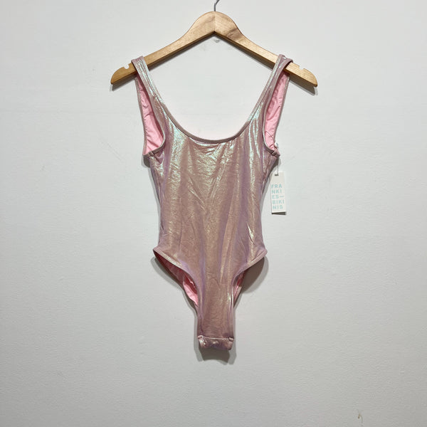 NEW Frankies Bikinis Kyle Iridescent One Piece Swimsuit Gilded Angel Pink Small