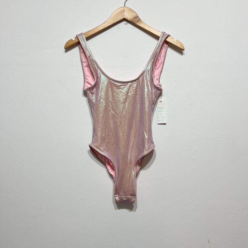 NEW Frankies Bikinis Kyle Iridescent One Piece Swimsuit Gilded Angel Pink Small