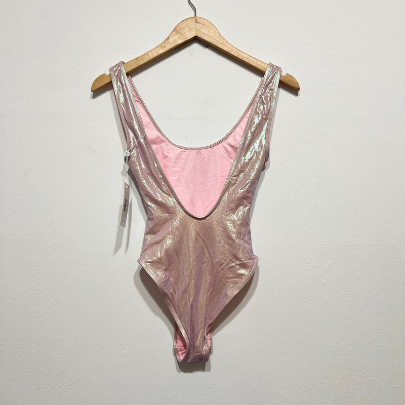 NEW Frankies Bikinis Kyle Iridescent One Piece Swimsuit Gilded Angel Pink Small