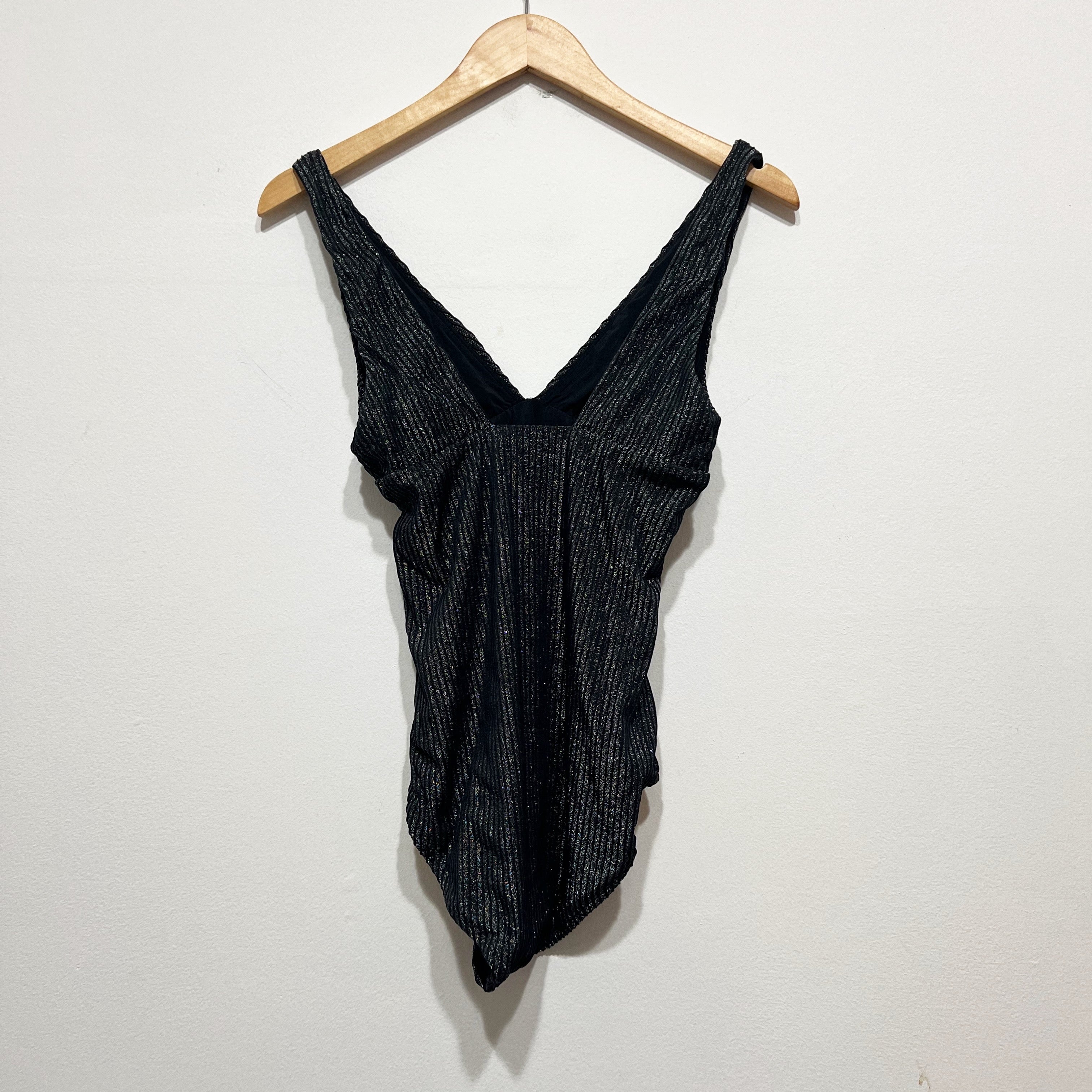 NEW The Augustine Once Piece Swim Bathing Suit Black Silver Ribbed Small Tall