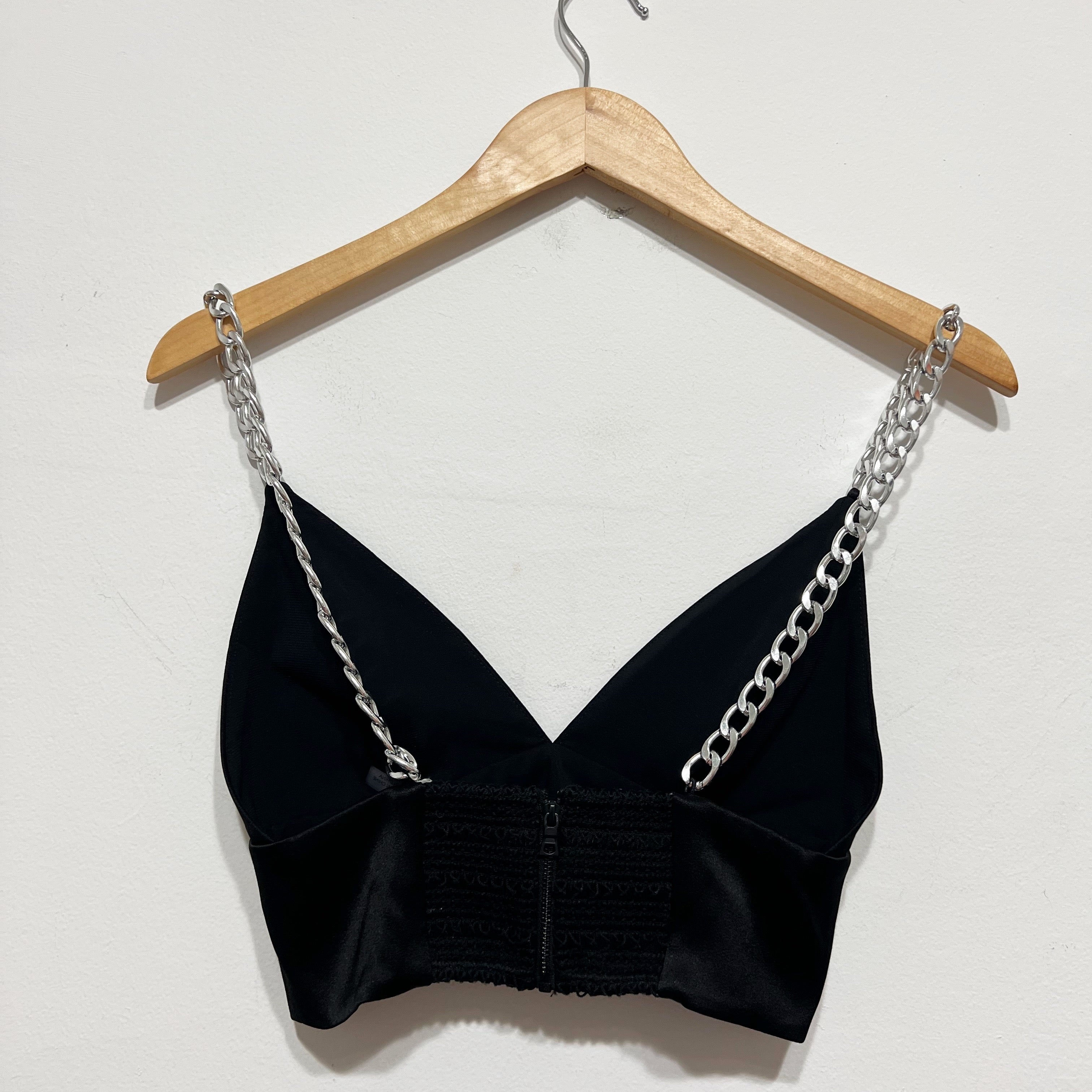 Alice And Olivia Carli Satin Interlocking Chain Strap Crop Top Bra Black Silver