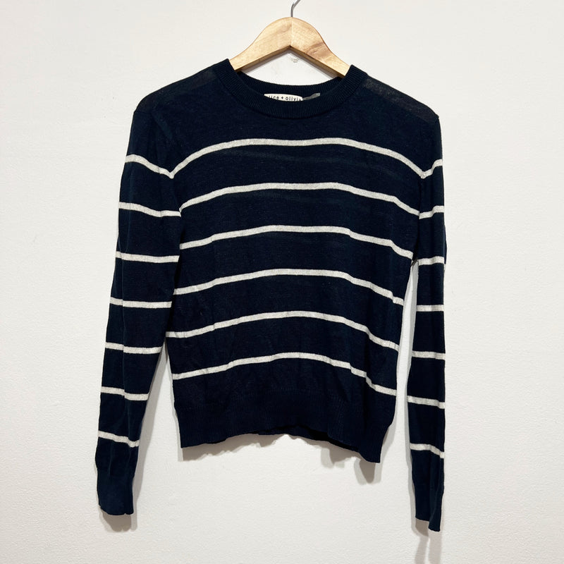 Alice And Olivia Cotton Linen Stretch Knit Crew Neck Striped Sweater Blue White