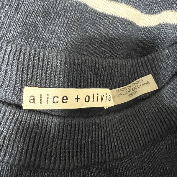 Alice And Olivia Cotton Linen Stretch Knit Crew Neck Striped Sweater Blue White