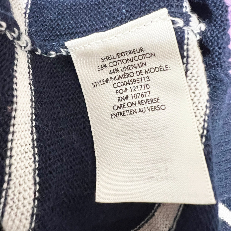 Alice And Olivia Cotton Linen Stretch Knit Crew Neck Striped Sweater Blue White