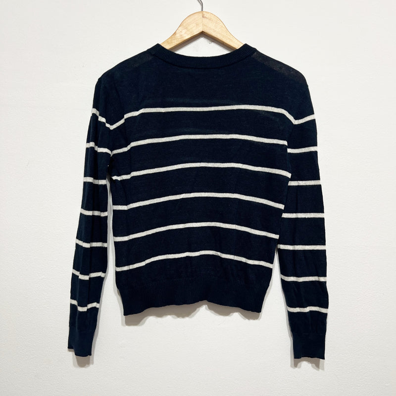 Alice And Olivia Cotton Linen Stretch Knit Crew Neck Striped Sweater Blue White