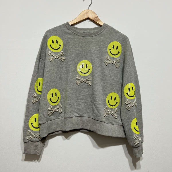 Queen Of Sparkles Smiley Face Skull Crossbones Sequin Pearl Embellished Sweater