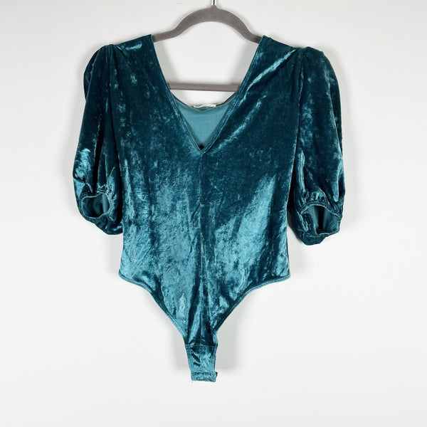 Free People Intimately Don't You Wish Velvet Puff Sleeve Deep Teal Bodysuit XS