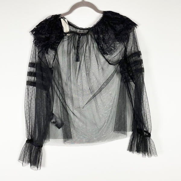 NEW Anthropologie Sheer Mesh Lace Shoulder Applique Long Sleeve Blouse Black