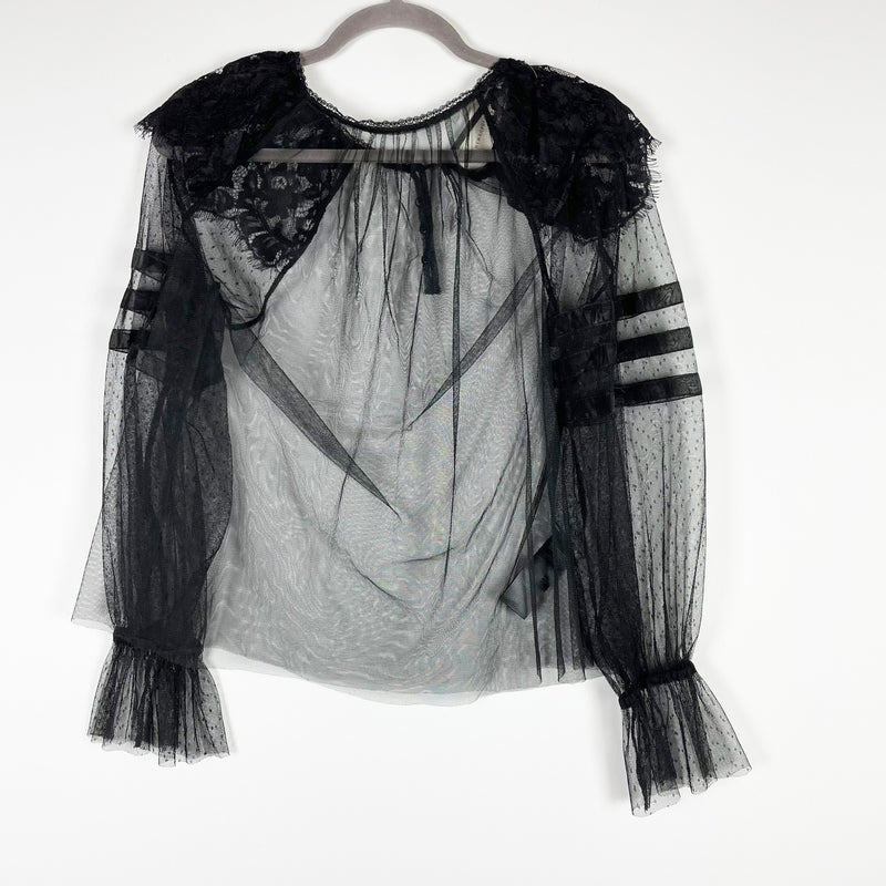 NEW Anthropologie Sheer Mesh Lace Shoulder Applique Long Sleeve Blouse Black