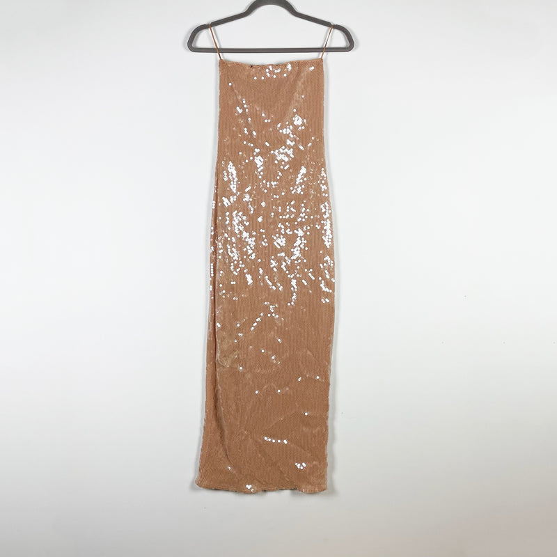 Bardot Launa Sequin Sparkle Glitter Embellished Strapless Maxi Dress In Soft Tan