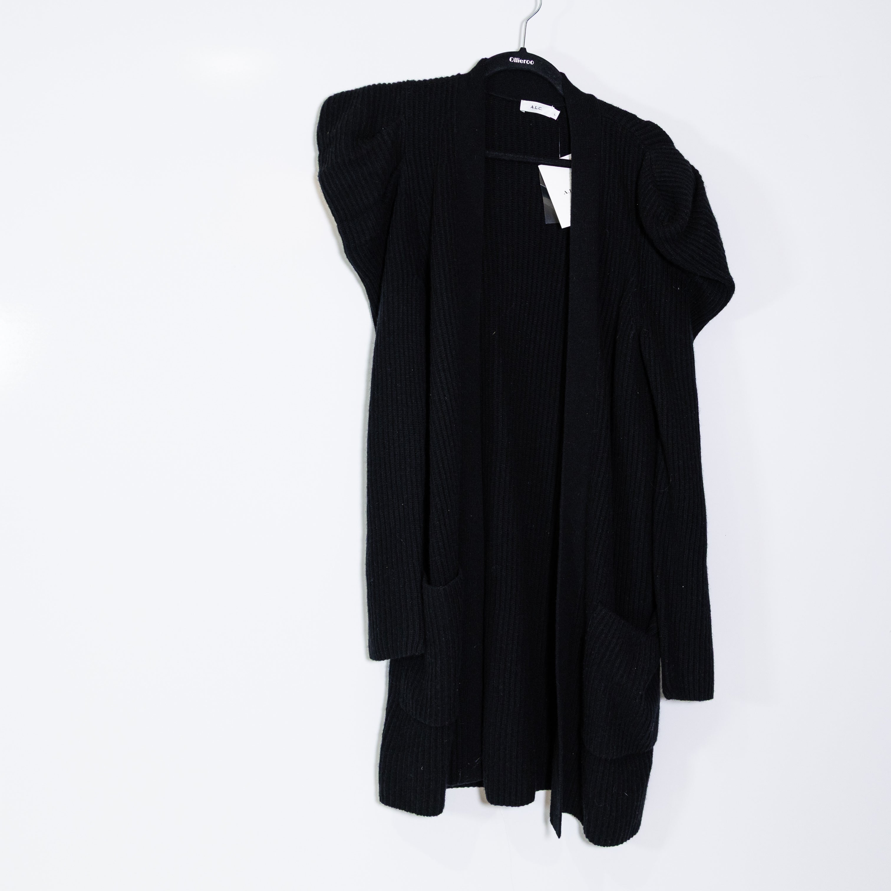 NEW A.L.C. Dion Wool Cashmere Ribbed Knit Open Front Cardigan Sweater Black L