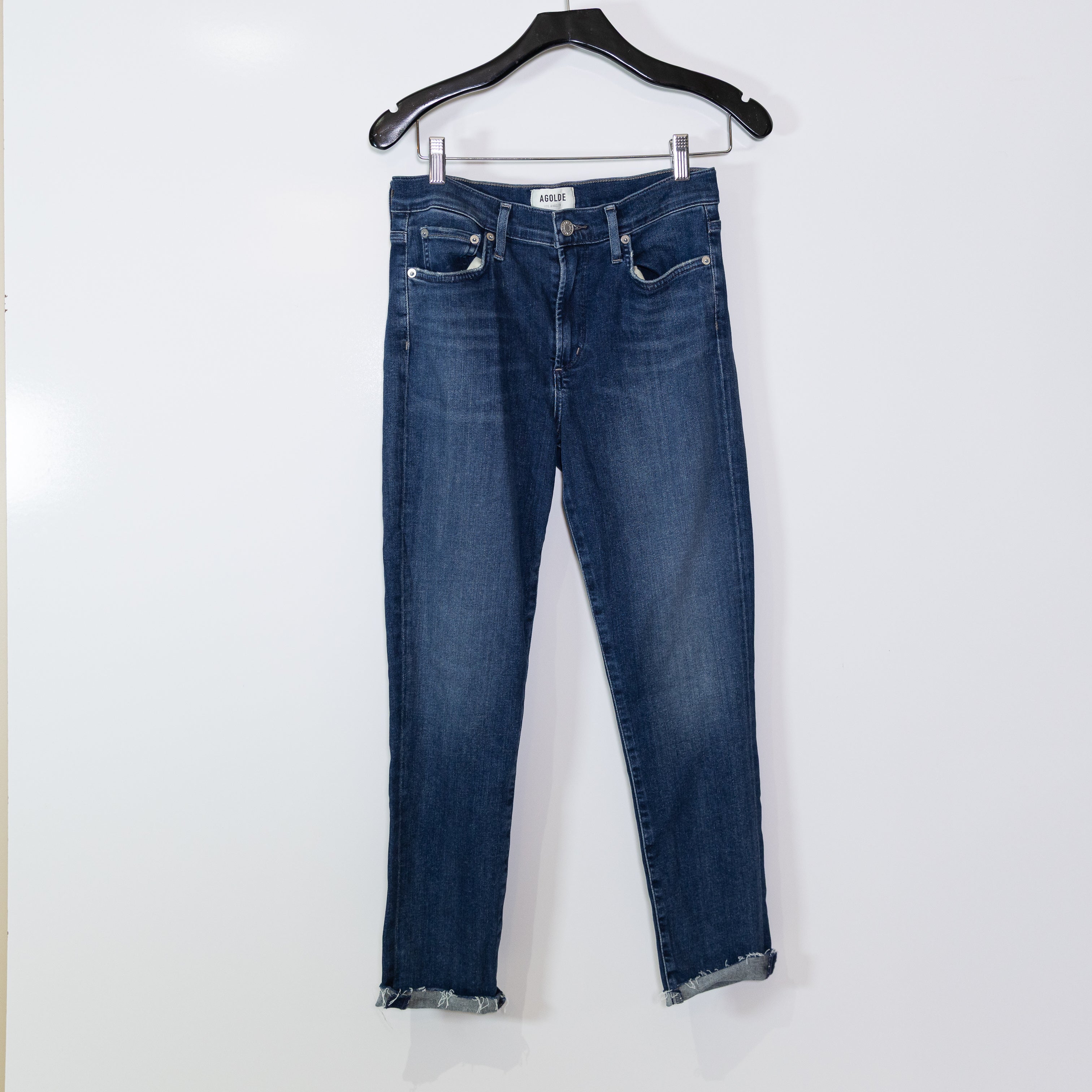 Agolde Women's High Rise Skinny Crop Cotton Stretch Denim Jeans Reverb Blue 28