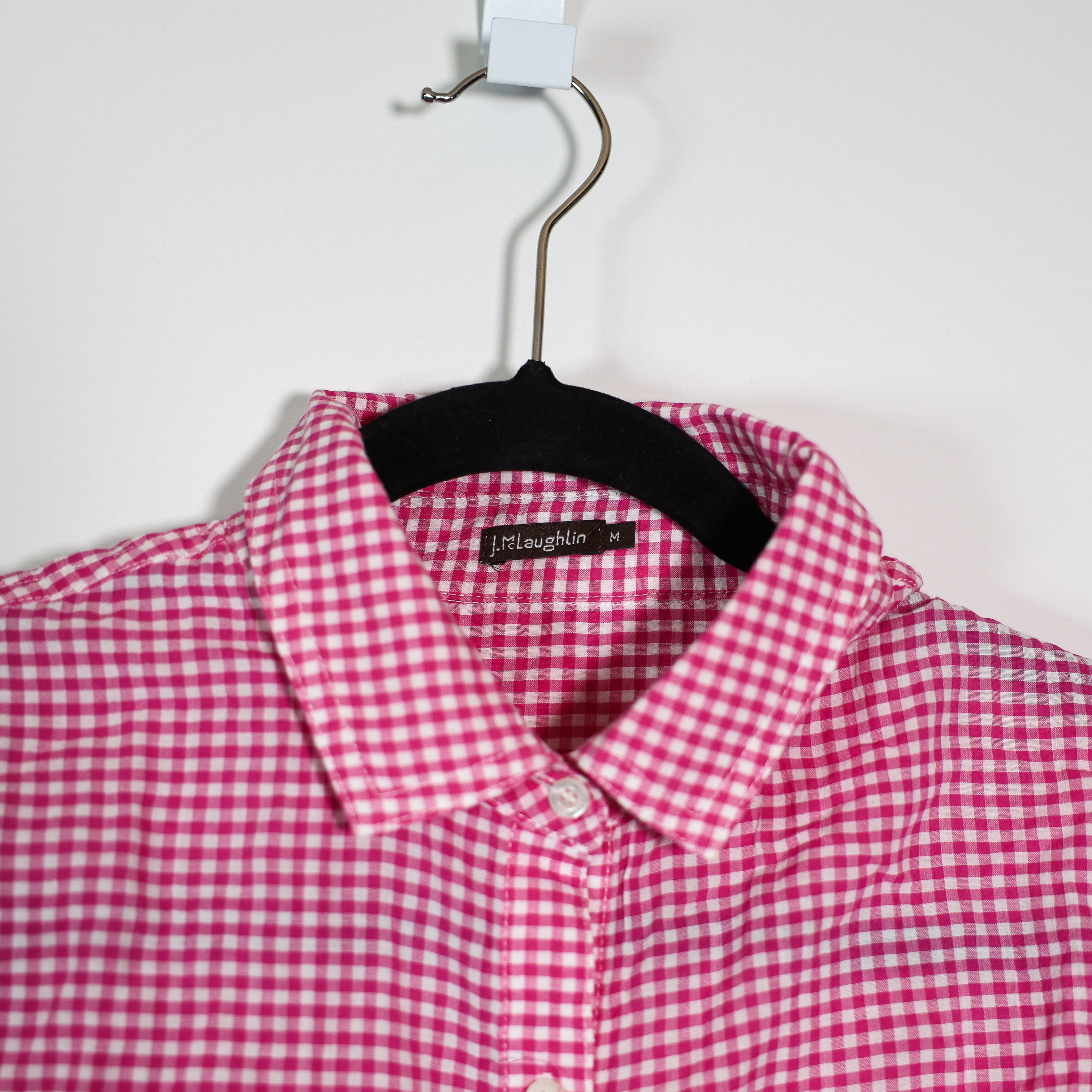 J. McLaughlin Cotton Stretch Collar Button Down Long Sleeve Blouse Pink Gingham