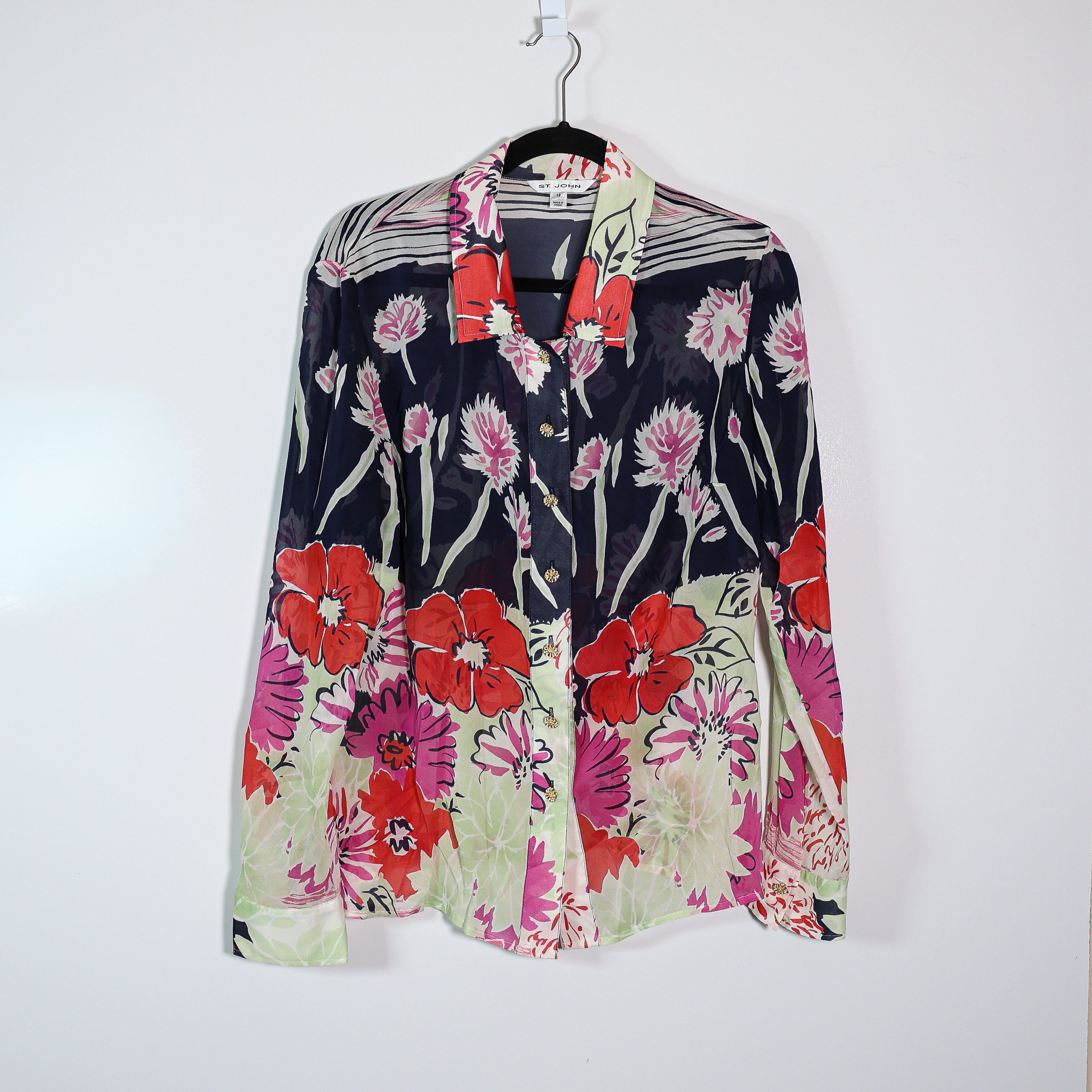 St. John Silk Chiffon Stretch Floral Print Collared Button Front Blouse Shirt 12