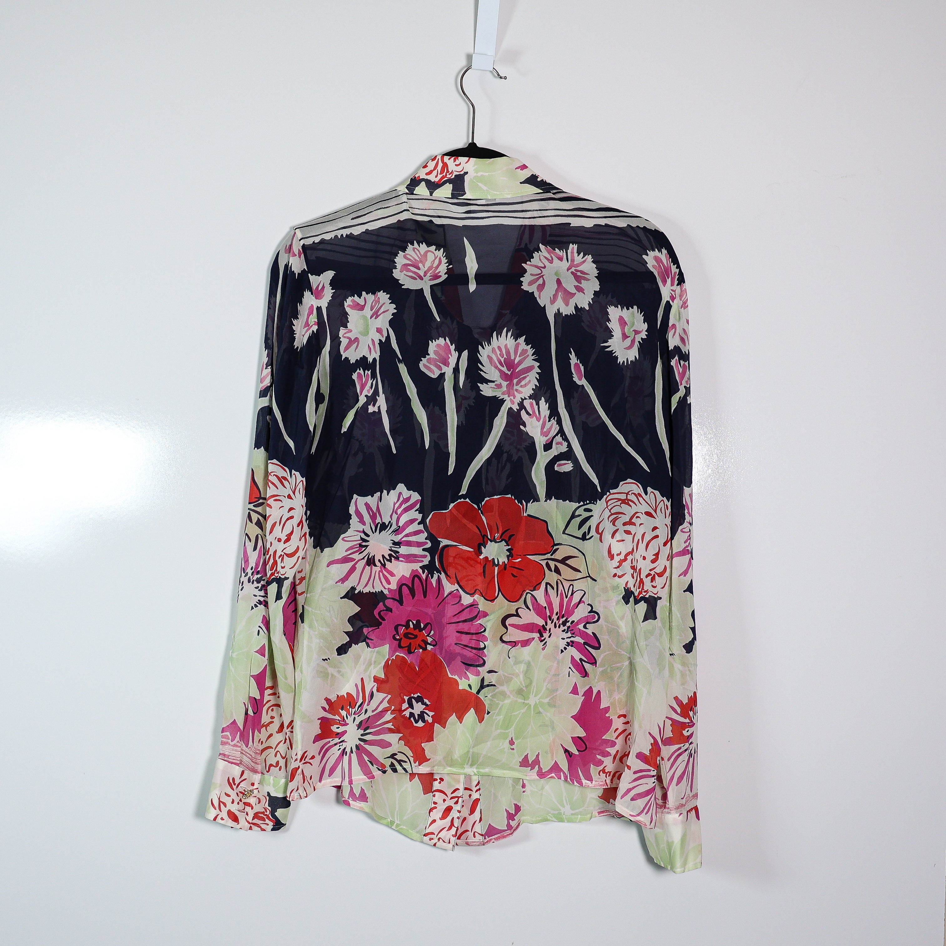 St. John Silk Chiffon Stretch Floral Print Collared Button Front Blouse Shirt 12