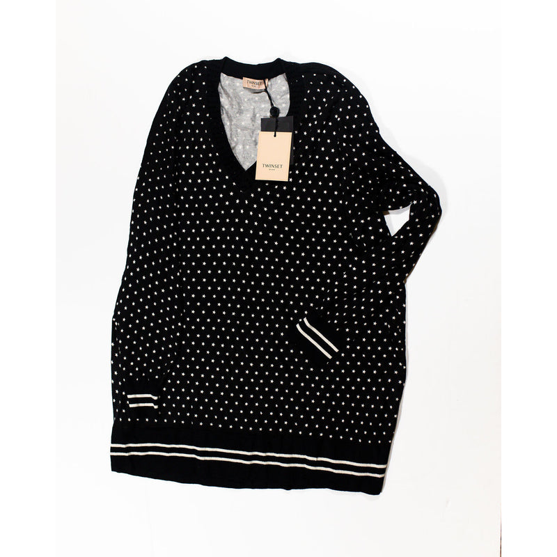 NEW Twinset Star Print Pattern V Neck Jewel Crystal Embellished Knit Sweater LG