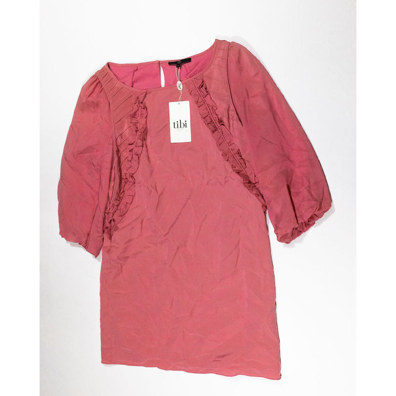 NEW Tibi Solid Pink 100% Silk Ruffle Pullover Mini Sheath Dress 10