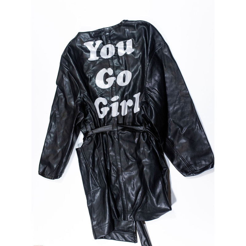 See Rose Go You Go Girl Graphic Vegan Faux Ultra Soft Leather Trench Coat Jacket