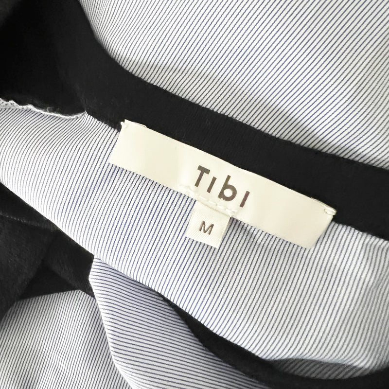 TIBI Mixed Media Wool Cotton Crew Neck Pullover Pin Stripe High Low Sweater Top