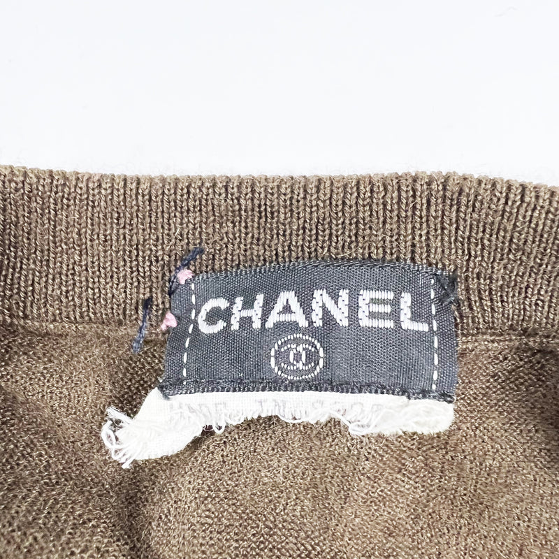 Chanel Cashmere Knit Stretch Crew Neck Long Sleeve Pullover Sweater Brown Small