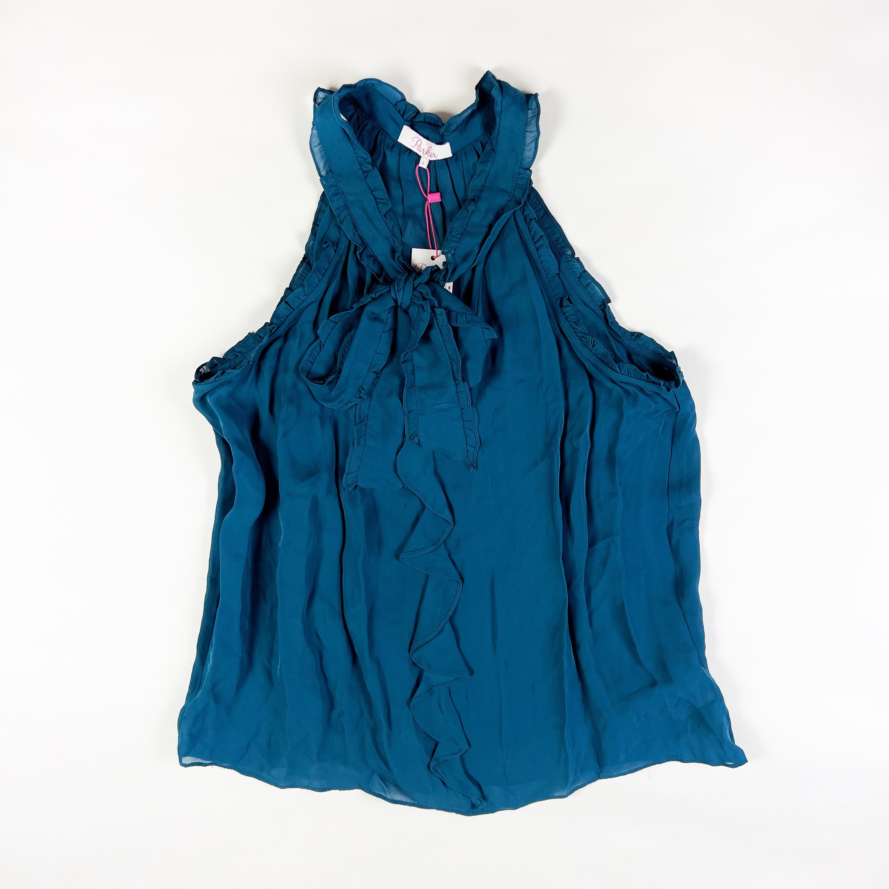 NEW Parker Allie Silk Blend V Neck Bow Tie Detail Sleeveless Blouse Everglade L