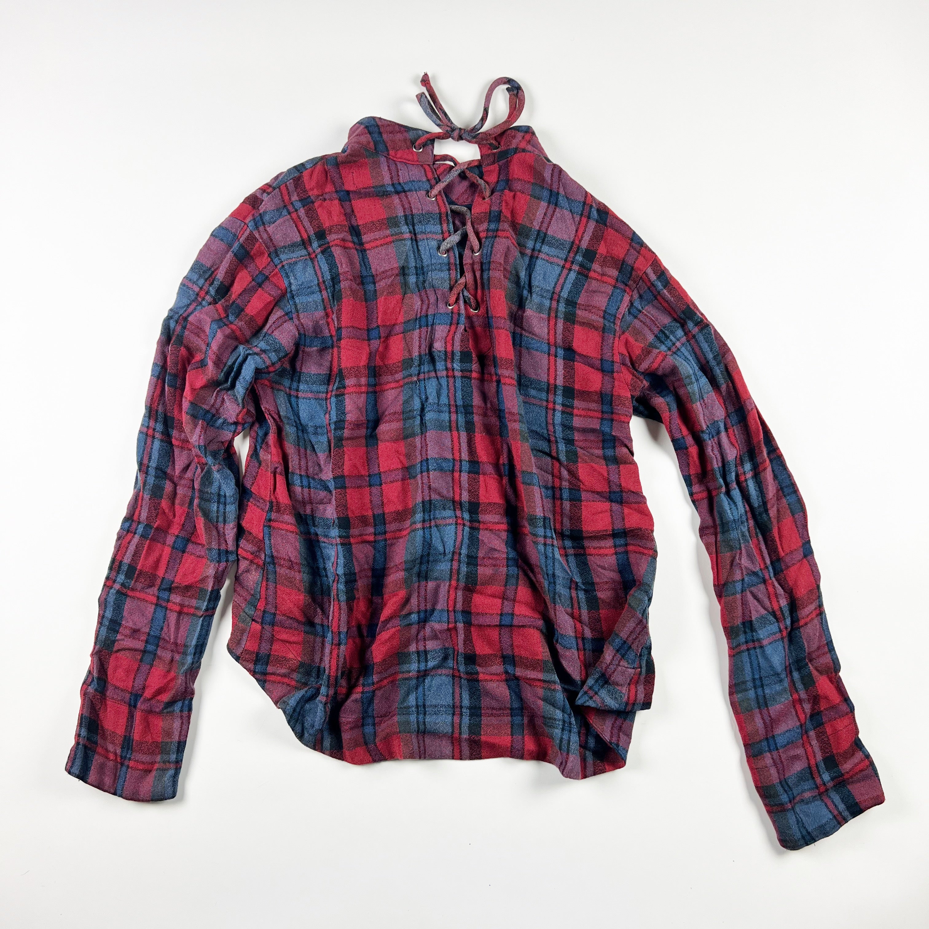 Bella Dahl High Neck Long Sleeve Tie Up Plaid Print Pattern Blouse Shirt Top M