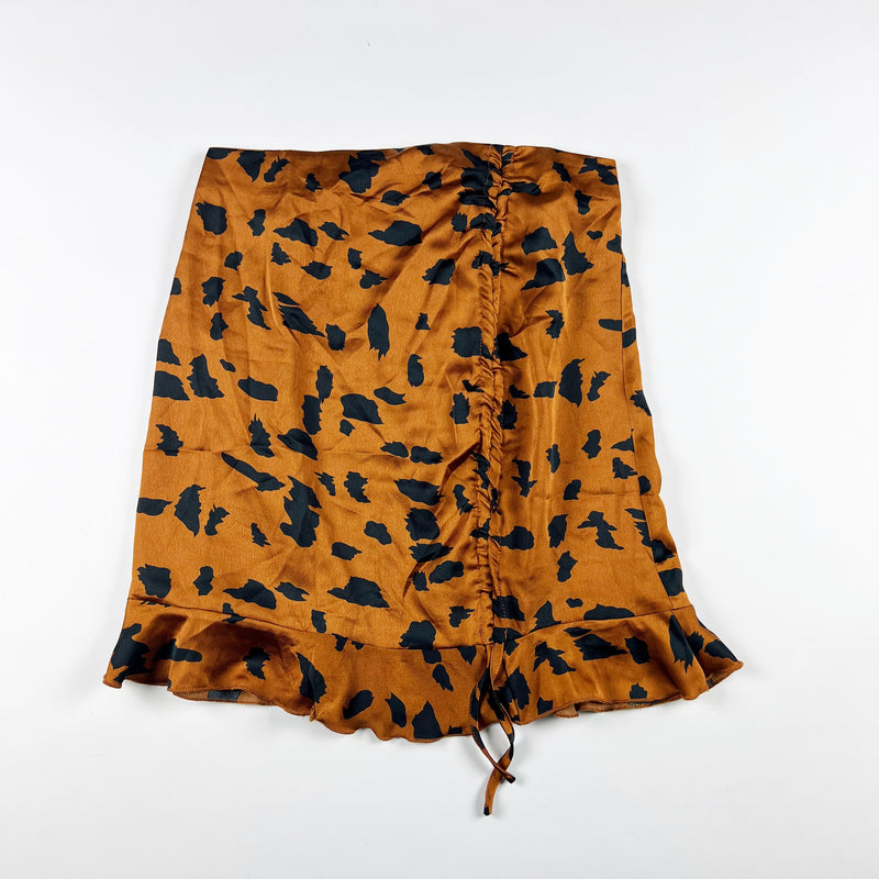 NEW BooHoo Smudge Animal Print Pattern Ruffle Hem Mini Satin Skirt Tan 8