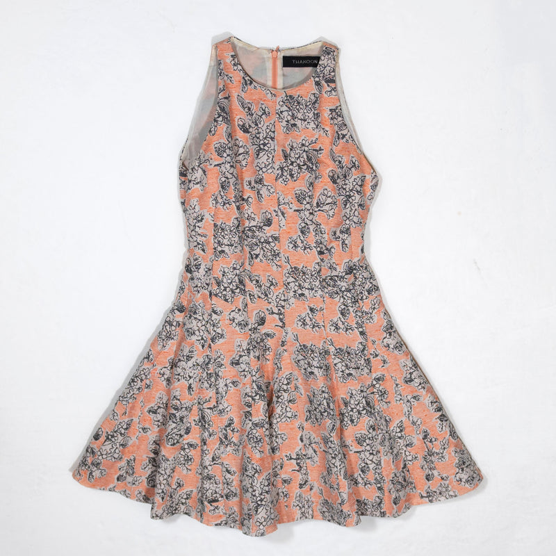 Thakoon Orange Gray Floral Flower Print Pattern Fit Flare Sleeveless Mini Dress