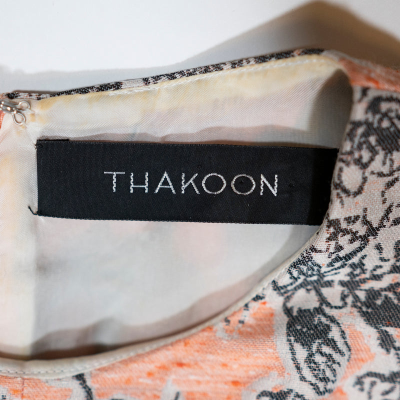 Thakoon Orange Gray Floral Flower Print Pattern Fit Flare Sleeveless Mini Dress