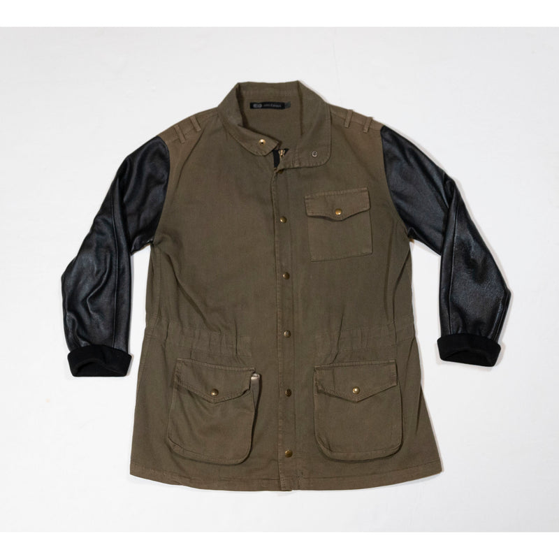 JET By John Eshaya Army Utility Cotton Jacket Black Leather Long Sleeves Coat S