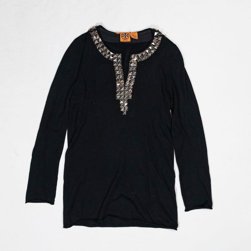 Tory Burch Winnie Wool Knit Stretch Pyramid Stud Embellished Sweater Tunic Black