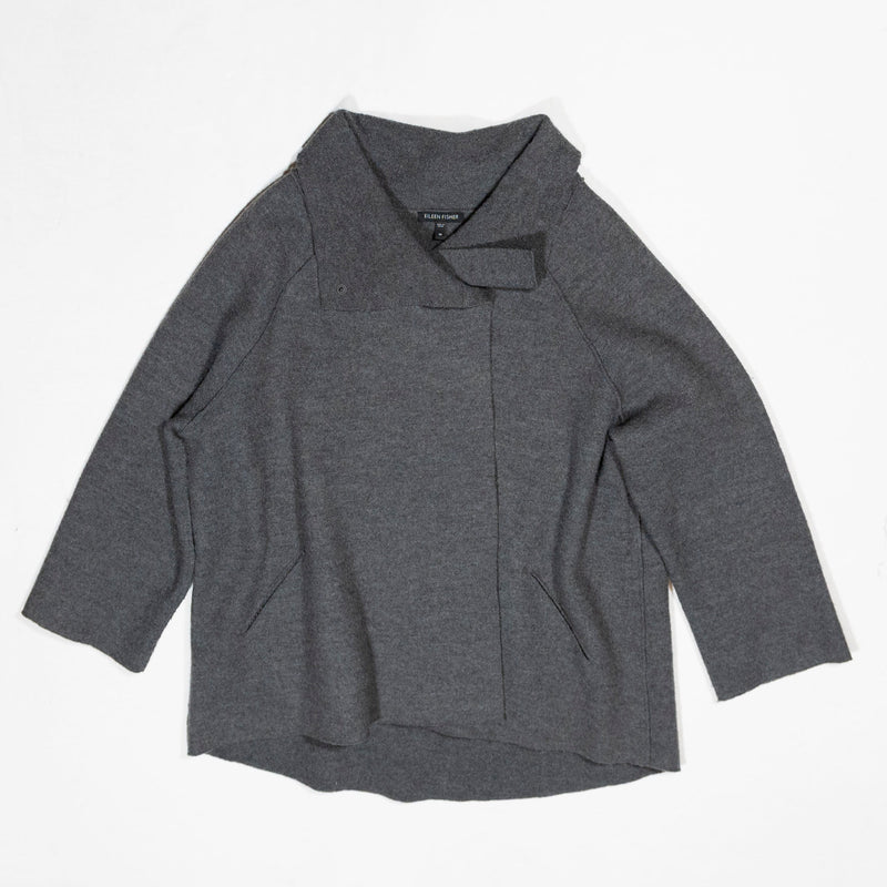 Eileen Fisher Women's Wool Felt Knit Collared One Button Wrap Cardigan Sweater M