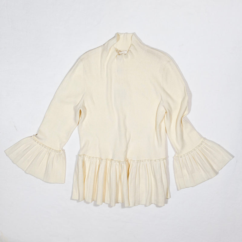 NEW Ted Baker Lislie Pleated Ruffle Cashmere Blend Stretch Knit Sweater Ivory