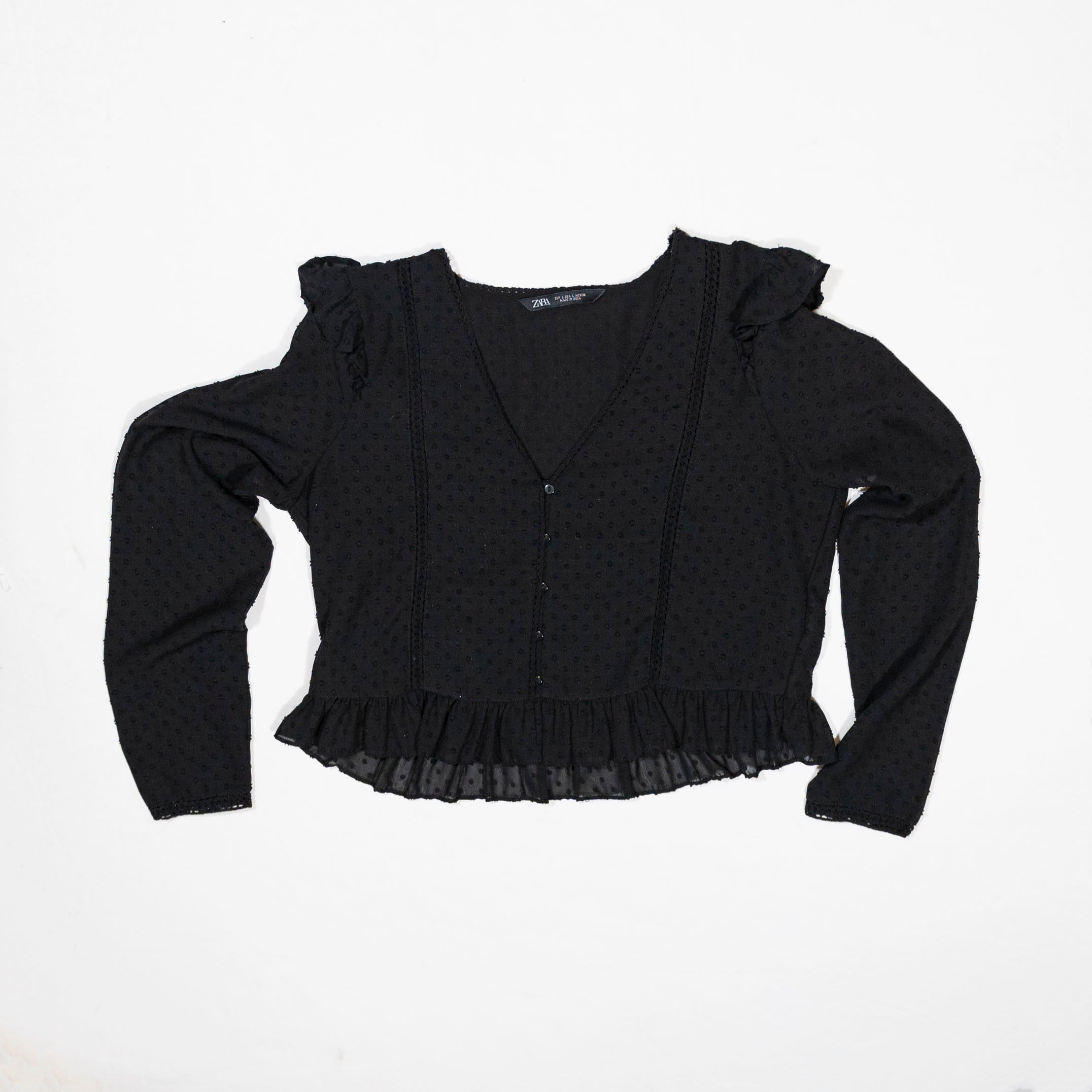 Zara Chiffon Semi Sheer Swiss Dot Flirty Ruffle Button Front Long Sleeve Blouse