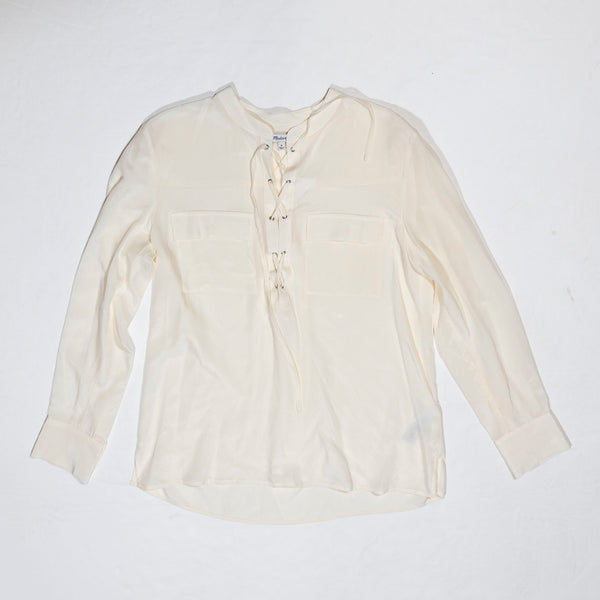 NEW Madewell Silk Chiffon Lace Up Long Sleeve Pocket Tee Shirt Blouse White M