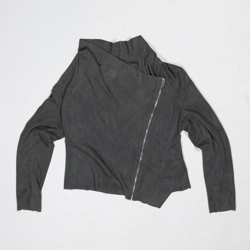 BlankNYC Drape Front Faux Vegan Suede Asymmetrical Zip Jacket In June Bug Gray