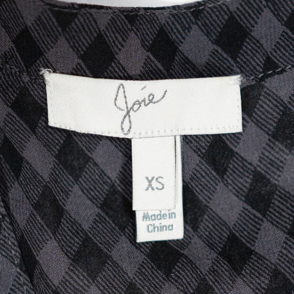 Joie Marcie Silk Chiffon Gingham Check Charcoal Semi Sheer Long Sleeve Blouse XS