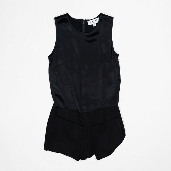 Wayne Silk Satin Sleeveless Mini Romper One Piece Play Suit Solid Black Pockets