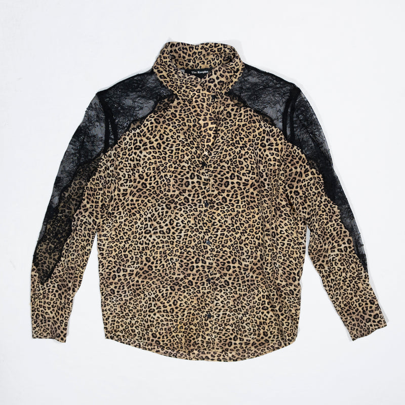 The Kooples Cheetah Leopard Animal Print Pattern Silk Chiffon Lace Blouse Shirt