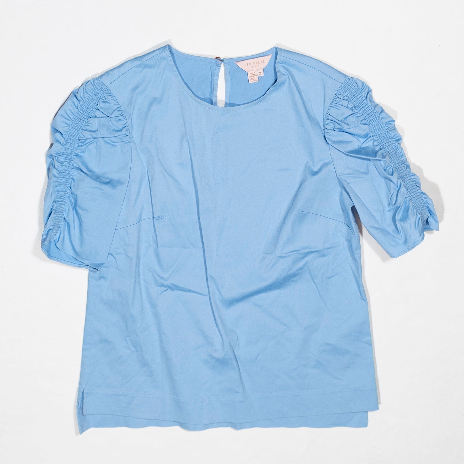 Ted Baker Clelly Cotton Poplin Short Ruched Sleeve Solid Blue Blouse Shirt S