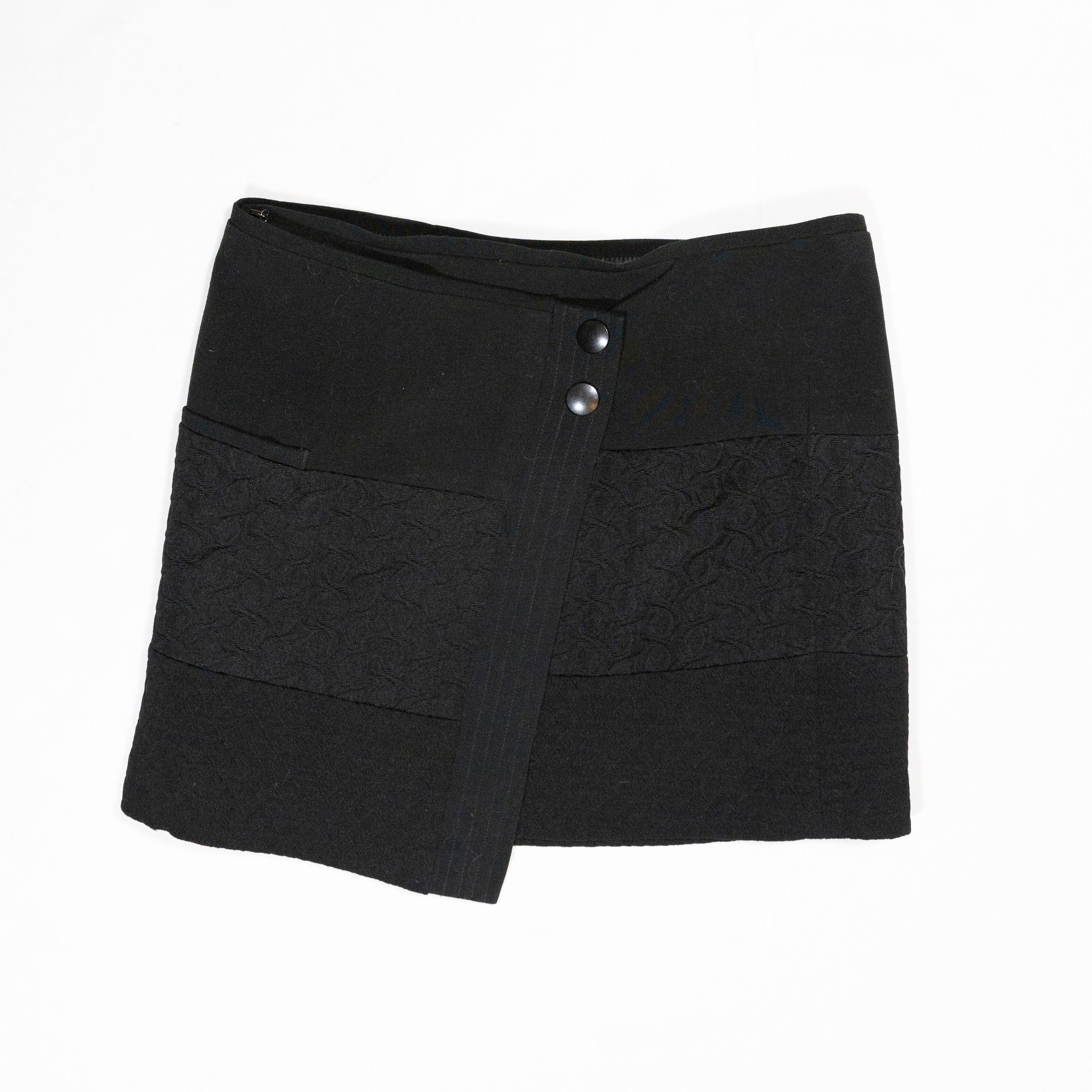 CAbi #926 Stretch Textured Asymmetrical Hem Button Wrap Mini Skirt Black XS