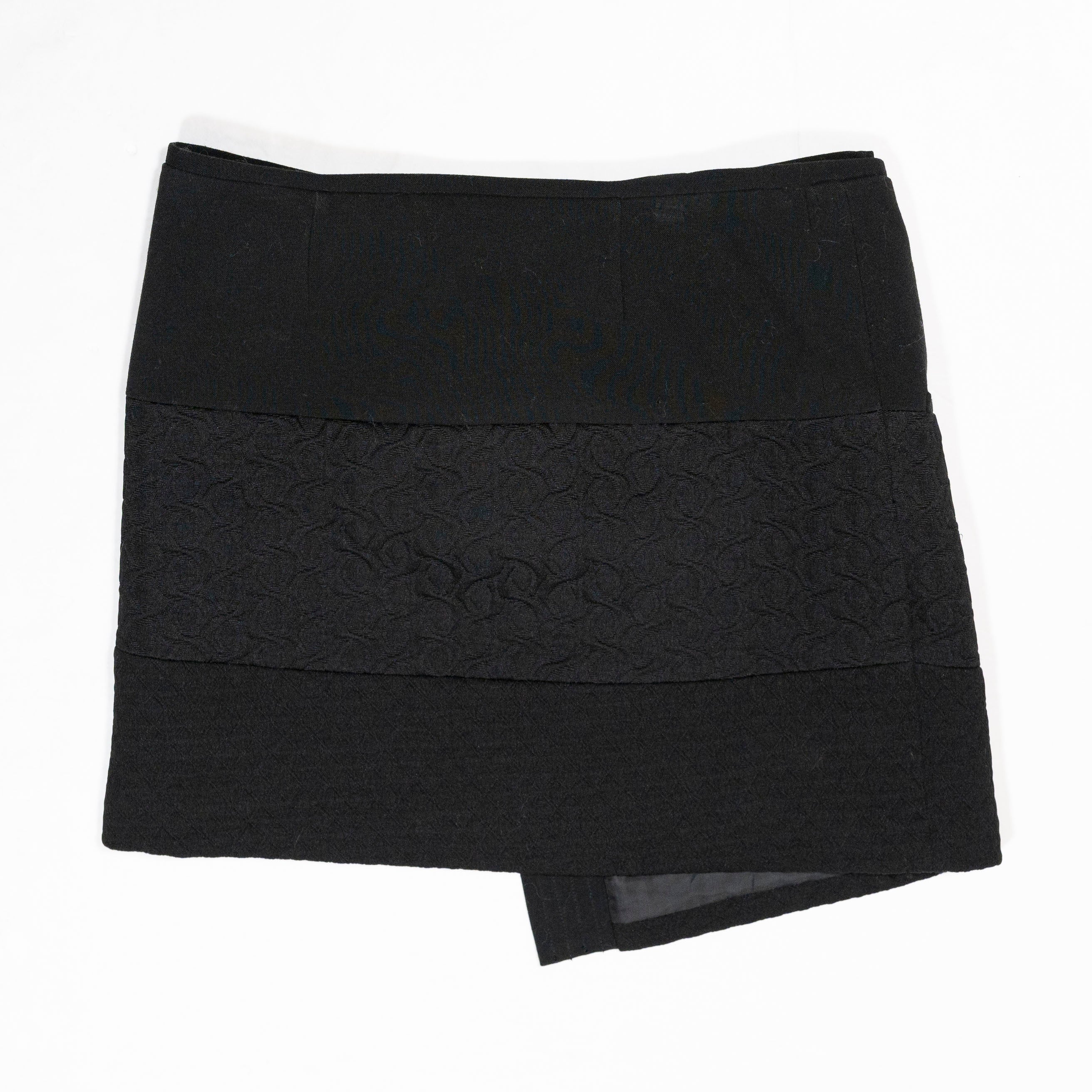 CAbi #926 Stretch Textured Asymmetrical Hem Button Wrap Mini Skirt Black XS