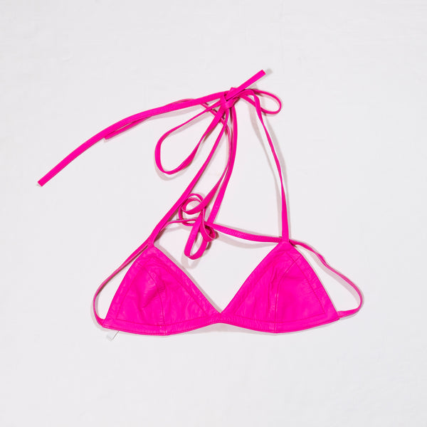 Off-White Main Label Genuine Leather Halter Neck Hot Pink Triangle Bra Top XS