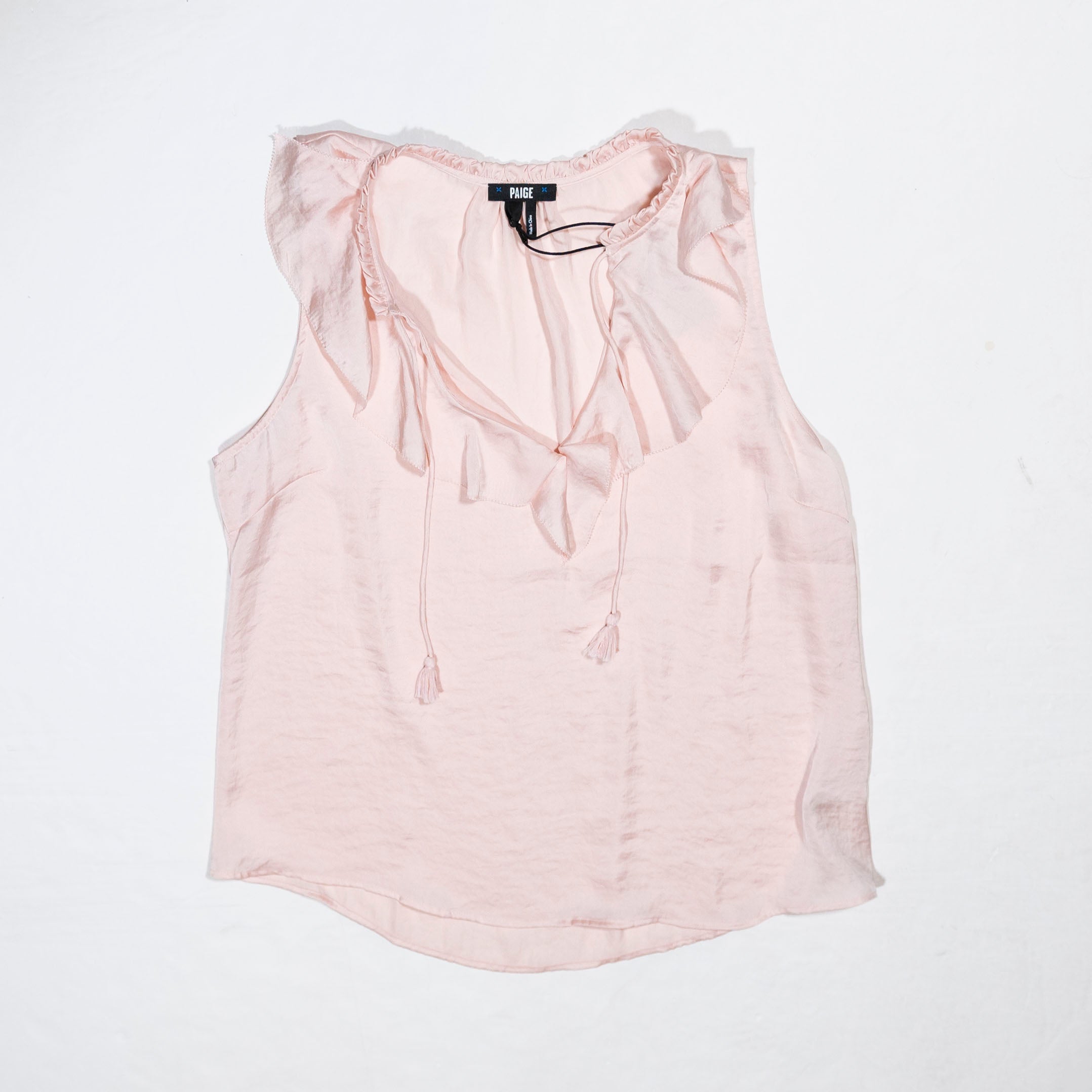NEW Paige Alma Split Ruffle V Neck Sleeveless Satin Tassel Crystal Pink Blouse L