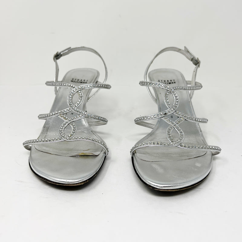Stuart Weitzman Crystal Jewel Diamond Embellished Leather Strap Open Toe Heels