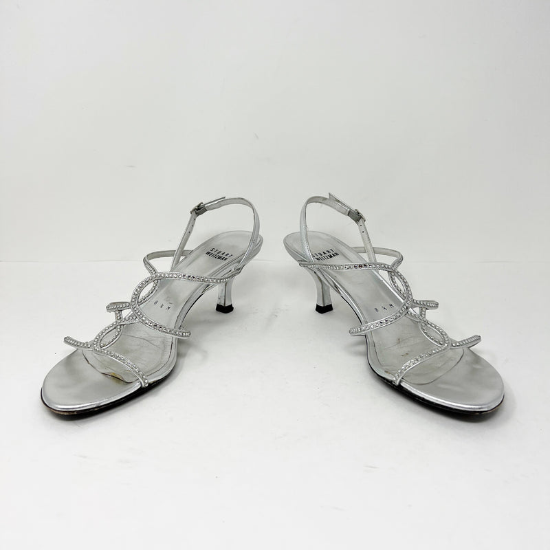 Stuart Weitzman Crystal Jewel Diamond Embellished Leather Strap Open Toe Heels