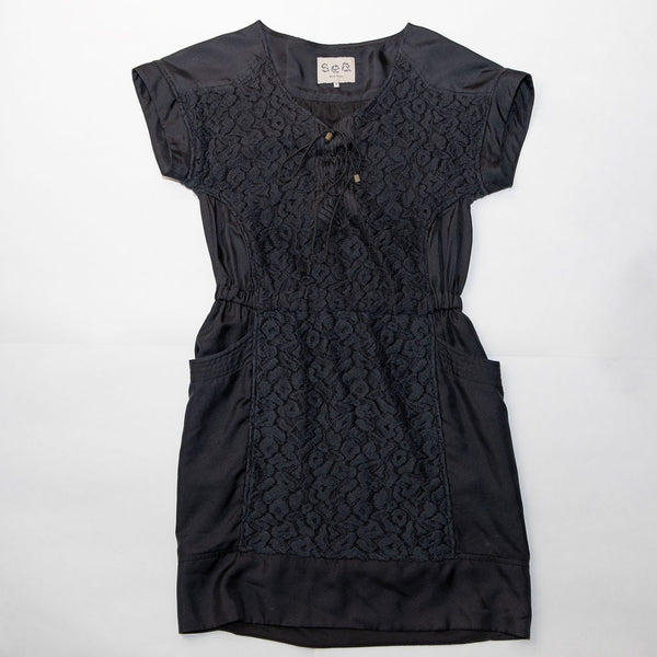 SEA Anthropologie Cotton Silk Solid Black Textured Woven Crochet Mini Dress 0