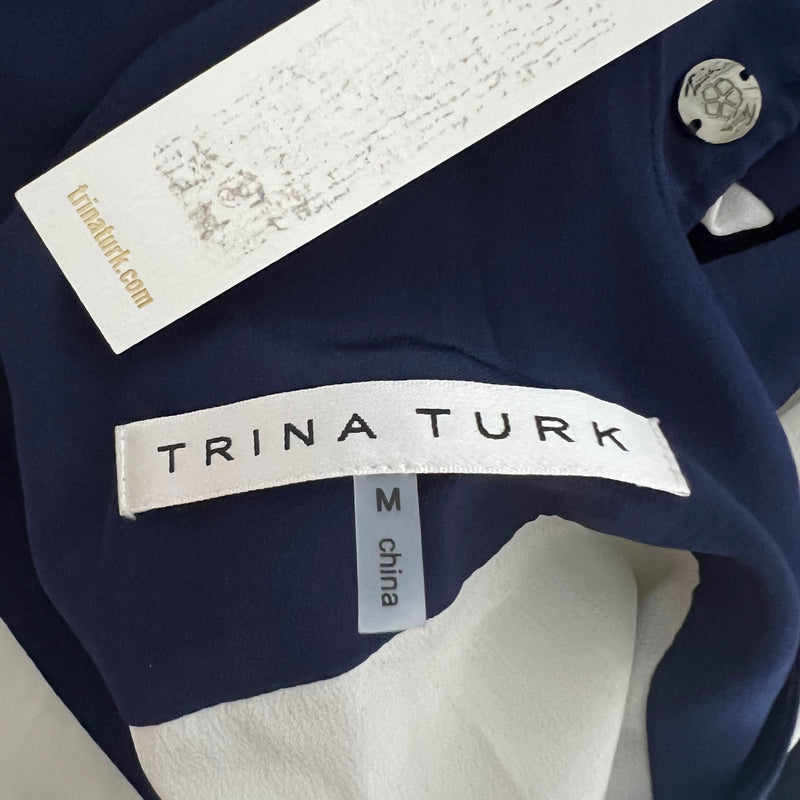 NEW Trina Turk Silk Chiffon White Blue Colorblock Racerback Tank Top Blouse M