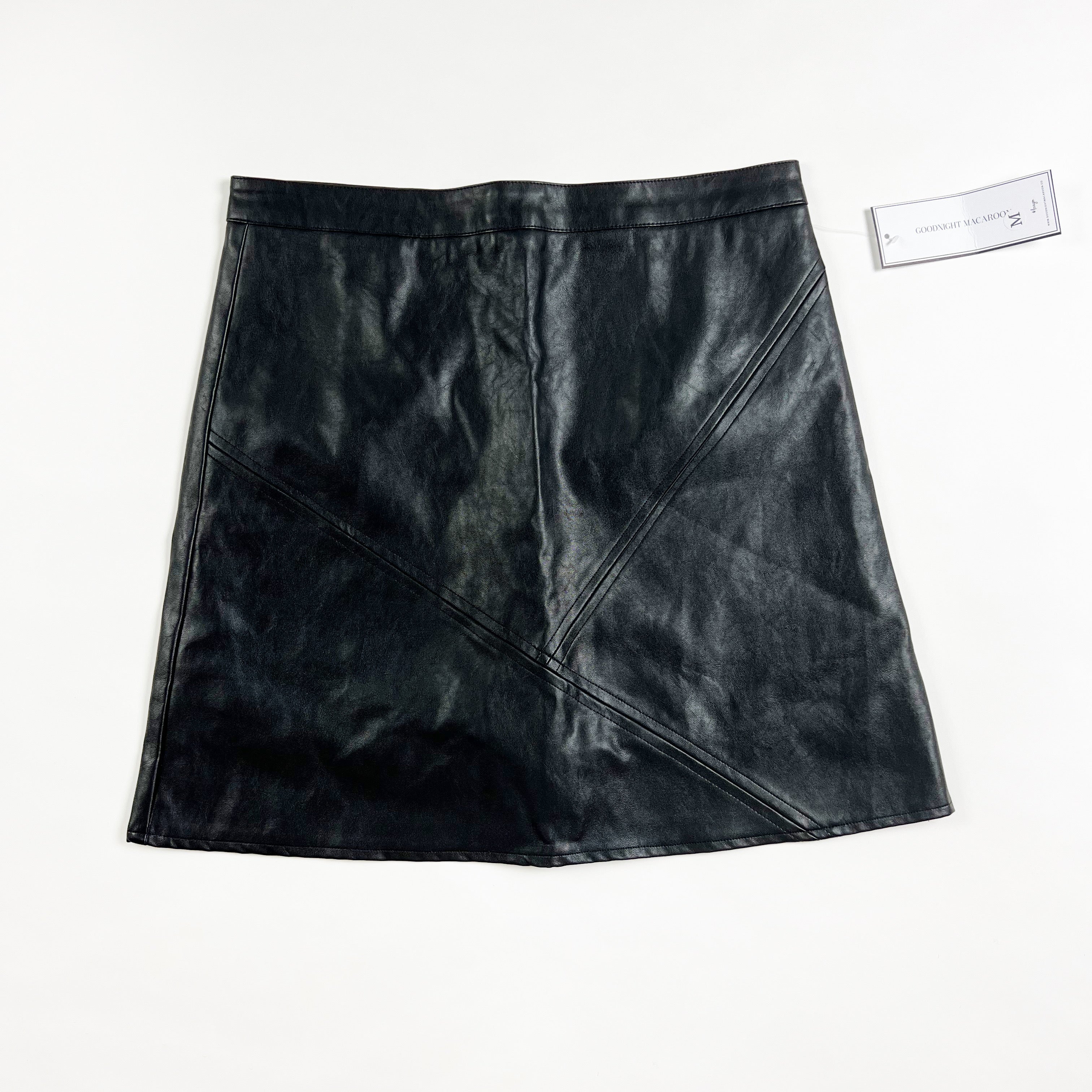 NEW Goodnight Macaroon Faux Vegan Leather Solid Black A Line Mini Skirt M